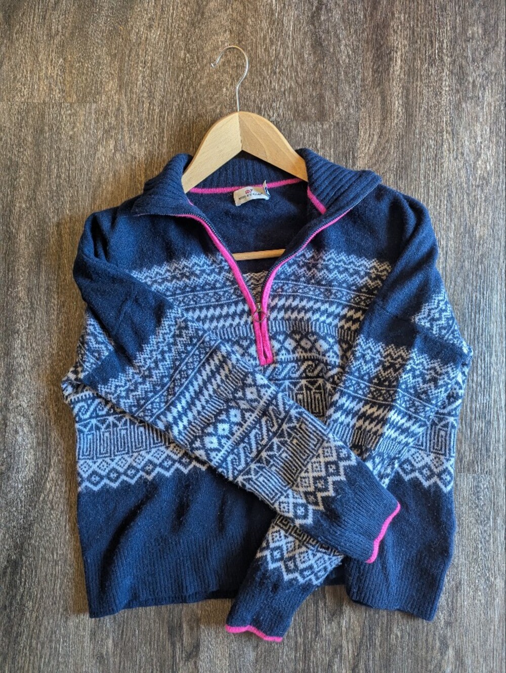 Vineyard Vines Women's Wool Navy Fair Isle Half-Zip Sweater with Pink Trim